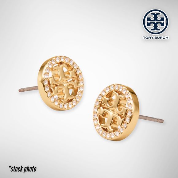 NWT Tory Burch Miller Pavé Logo Set  - 18k Gold Plated Necklace & Earrings $196 - Picture 8 of 13